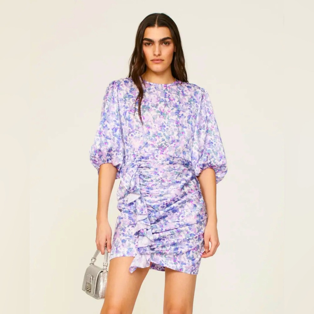 Maje Ruvard Ruched Purple Satin Floral Mini Dress XS
